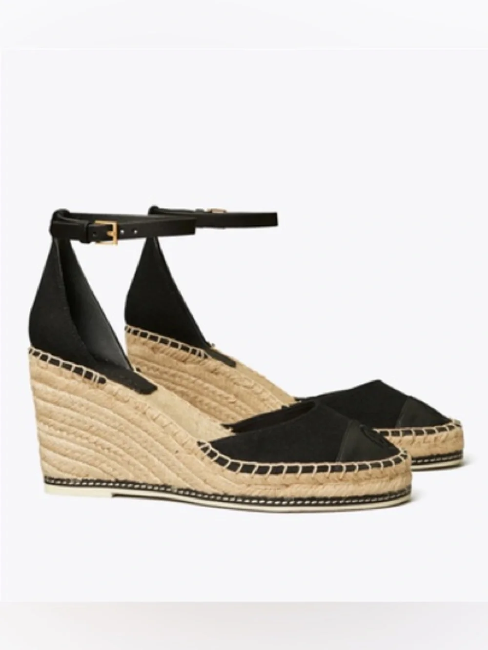 Tory Burch Black Canvas/Leather Espadrille Ankle-Strap Wedge Sandals Size 10.5